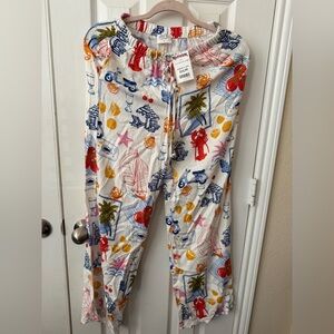 Sienna Sky S coastal fun lobster, tomato, floral , palm, lemon print pants NWT